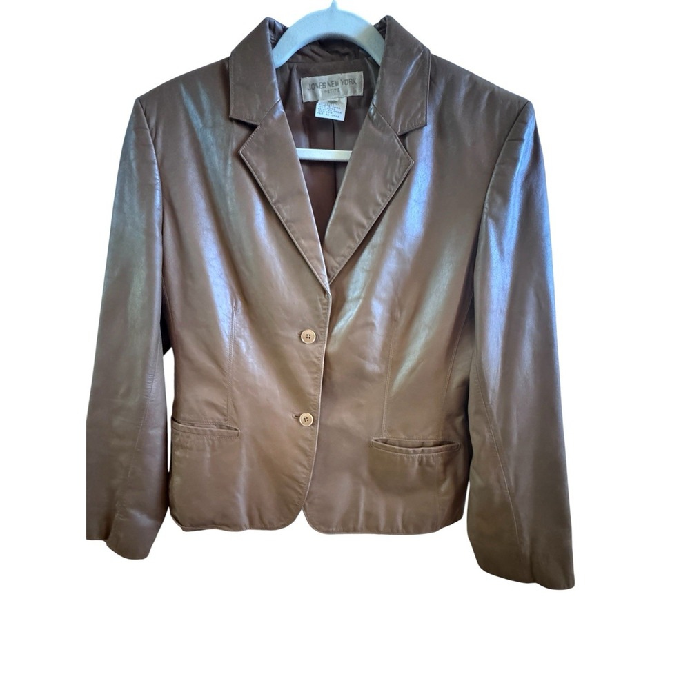 Jones Of New York Carmel Brown Lined Leather Blazer Women's Size 12 Petite